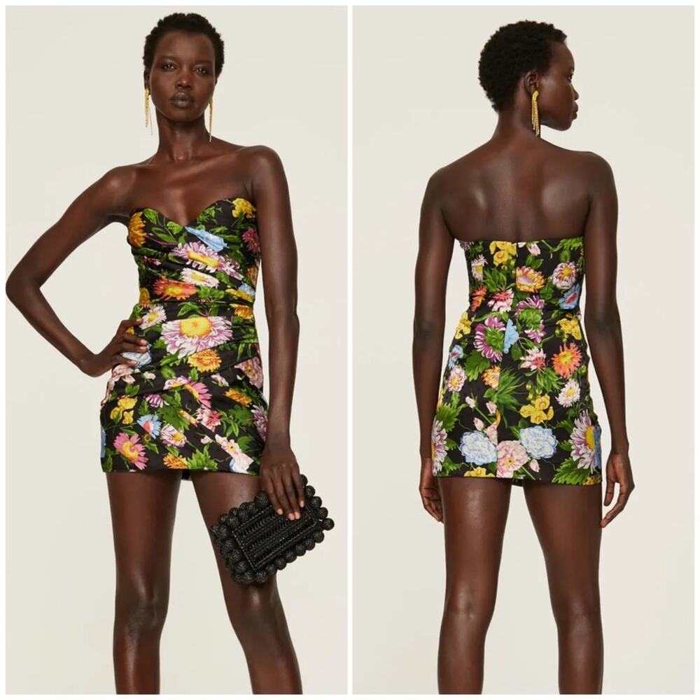 Ronny Kobo Margot Black Multicolor Floral Print Silk Blend Mini Dress Size M